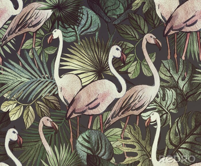Behang Patroon met flamingo's en planten