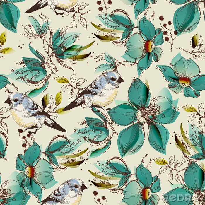 Behang Patroon met geschilderde vogels en turquoise bloemen