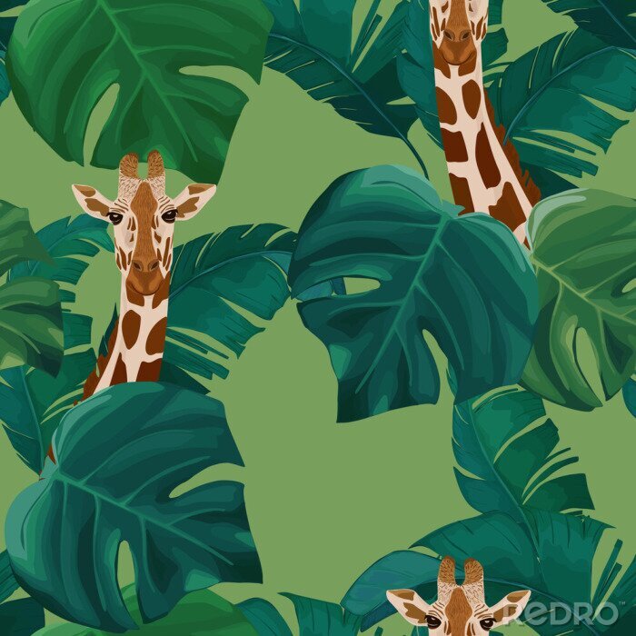 Behang Patroon met giraffen en bladeren