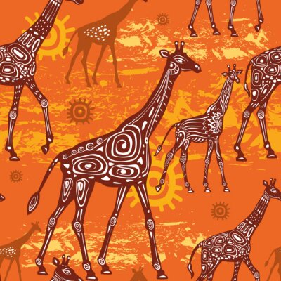 Behang Patroon met giraffen en etnische motieven