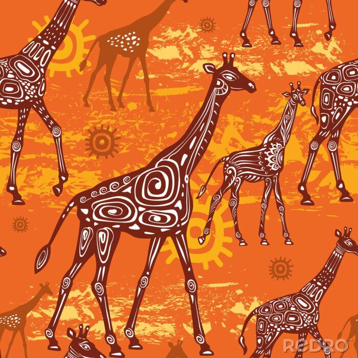 Behang Patroon met giraffen en etnische motieven