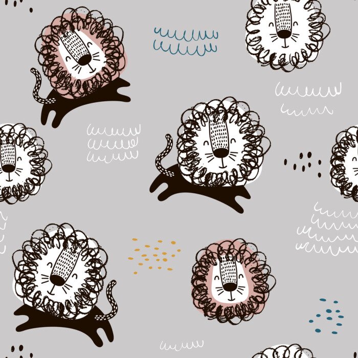 Behang Patroon met leeuwen in Scandinavische stijl