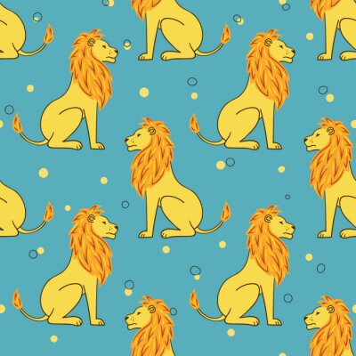 Behang Patroon met leeuwen op een blauwe achtergrond