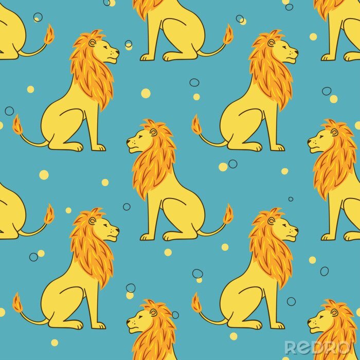 Behang Patroon met leeuwen op een blauwe achtergrond