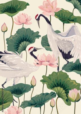 Poster Patroon met lotusbloemen en kraanvogels