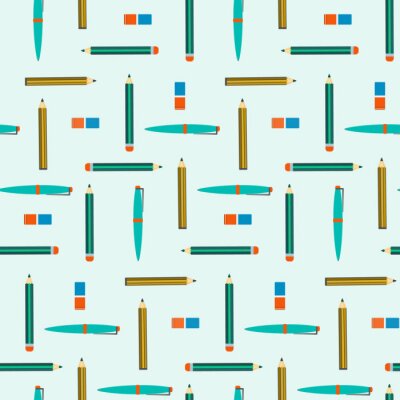 Behang Patroon met pennen en potloden op een groene achtergrond