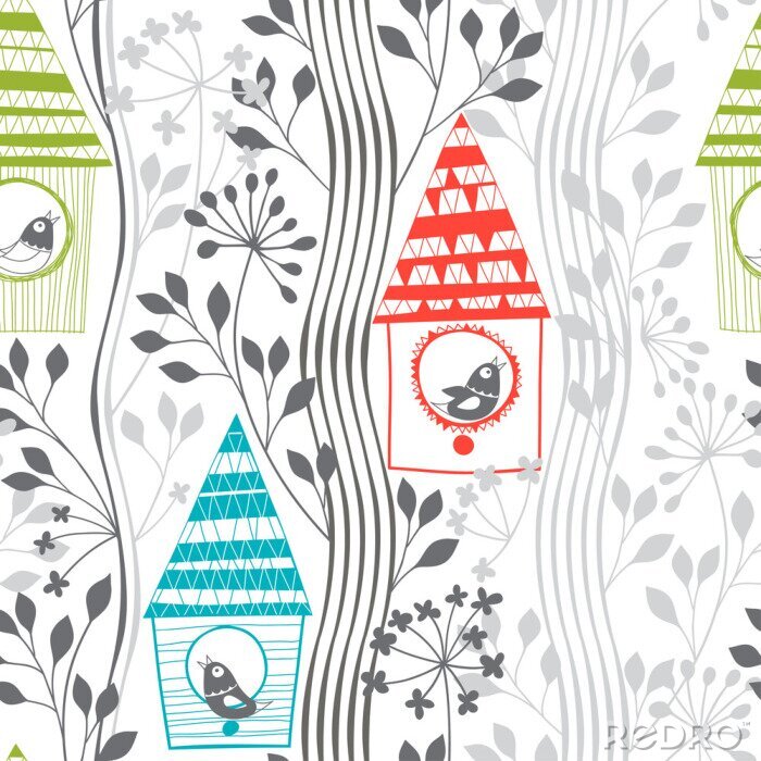 Behang Patroon met planten, vogels en vogelvoeders