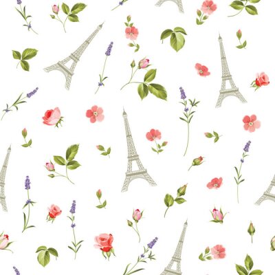 Behang Patroon met rode bloemen, bladeren en Eiffeltoren. Naadloze achtergrond voor textiel design. Vector illustratie.