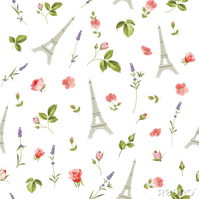 Behang Patroon met rode bloemen, bladeren en Eiffeltoren. Naadloze achtergrond voor textiel design. Vector illustratie.
