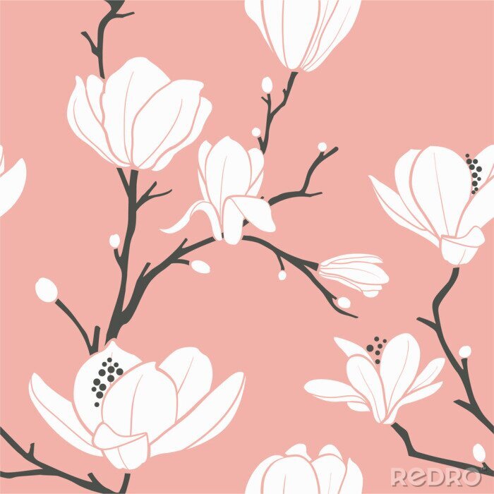 Behang Patroon met roze grafische magnolia