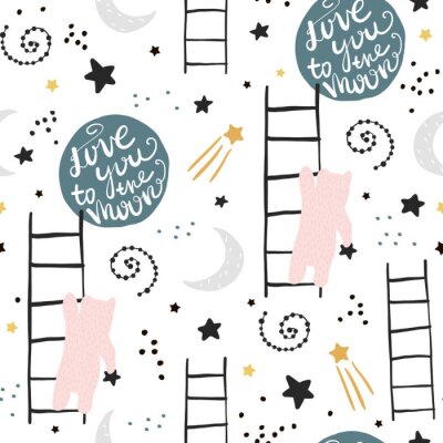 Behang Patroon met teddyberen sterren en maan