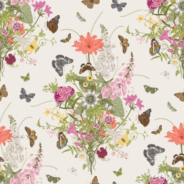 Behang Patroon met Victoriaans boeket en vlinders