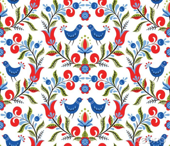 Behang Patroon met vogels en bloemen