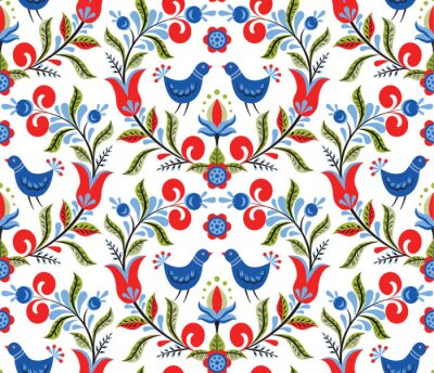 Behang Patroon met vogels en bloemen