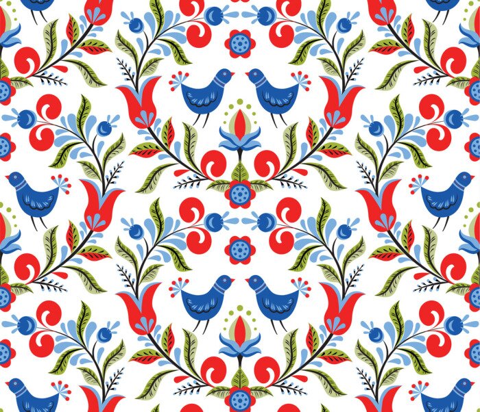 Behang Patroon met vogels en bloemen