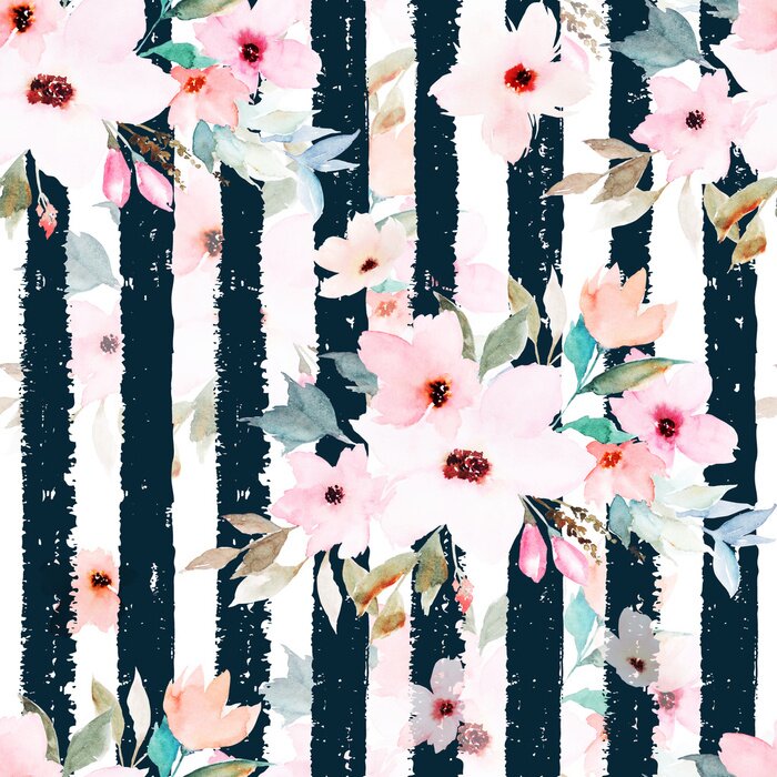 Behang Patroon met zwarte en witte strepen tussen roze bloemen