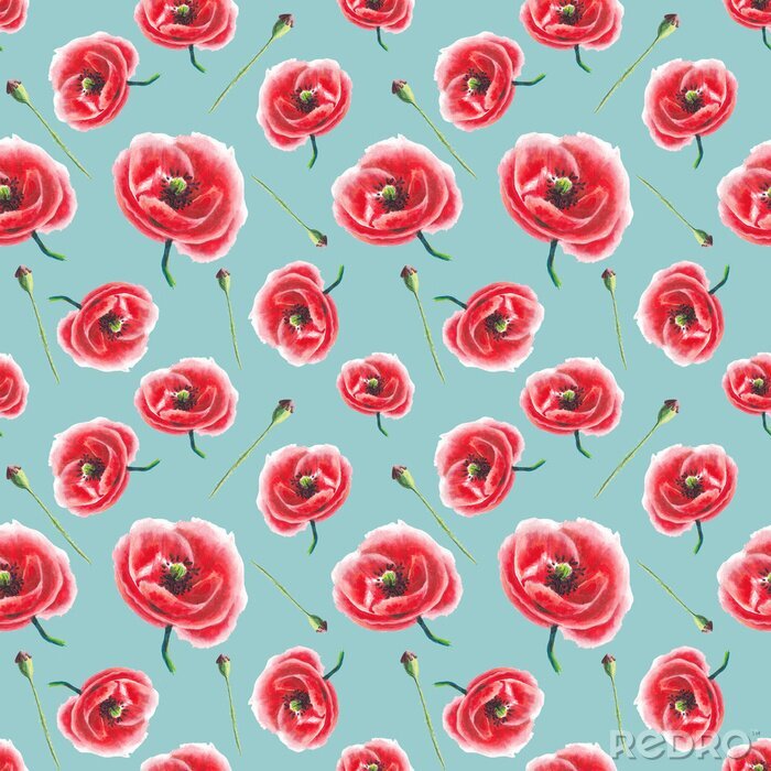 Behang Patroon van klaprozen op een blauwe achtergrond