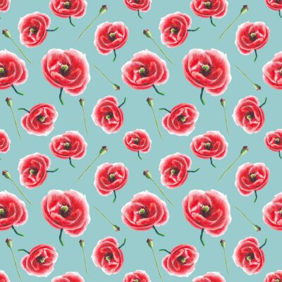 Behang Patroon van klaprozen op een blauwe achtergrond