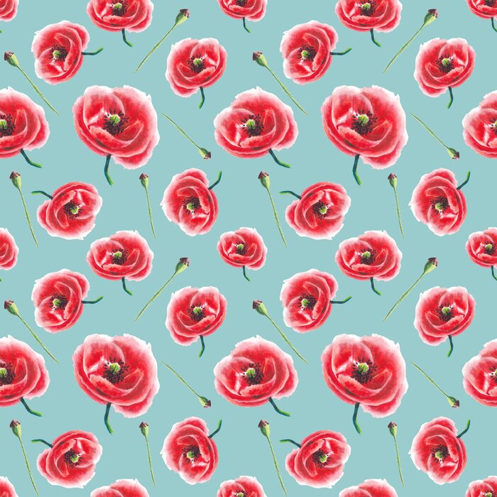 Behang Patroon van klaprozen op een blauwe achtergrond