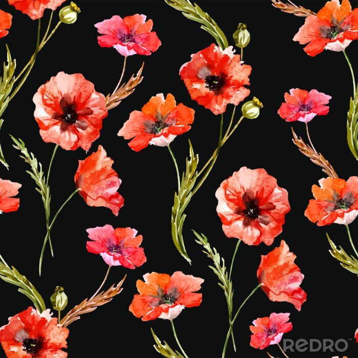 Behang Patroon van klaprozen op een zwarte achtergrond