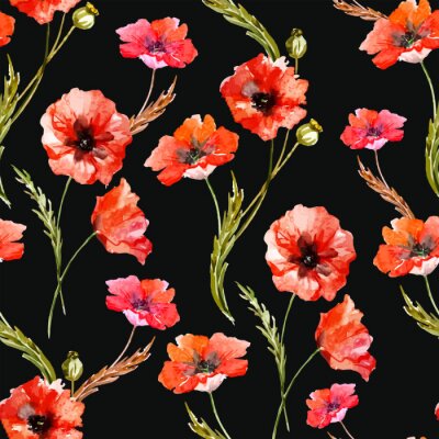 Behang Patroon van klaprozen op een zwarte achtergrond