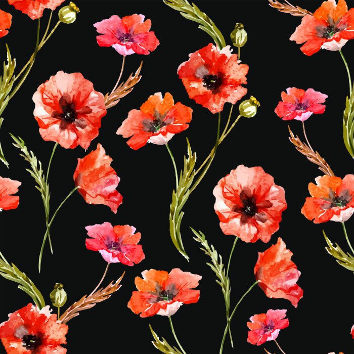 Behang Patroon van klaprozen op een zwarte achtergrond
