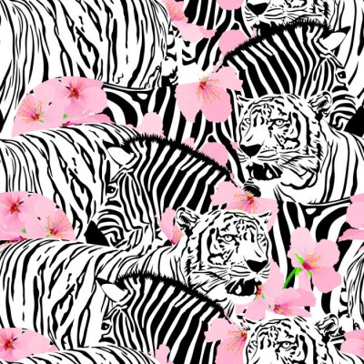 Behang Patroon zebra en tijger met roze bloemen