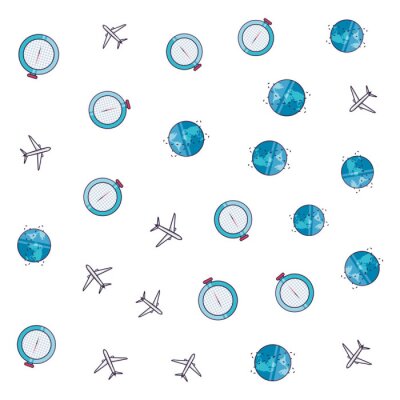 Behang pattern of airplanes with compass guide and planet earth
