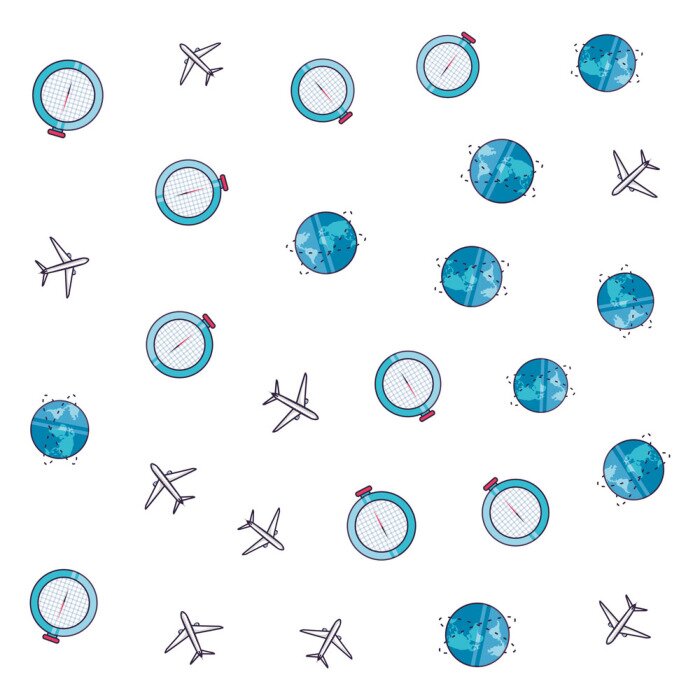 Behang pattern of airplanes with compass guide and planet earth