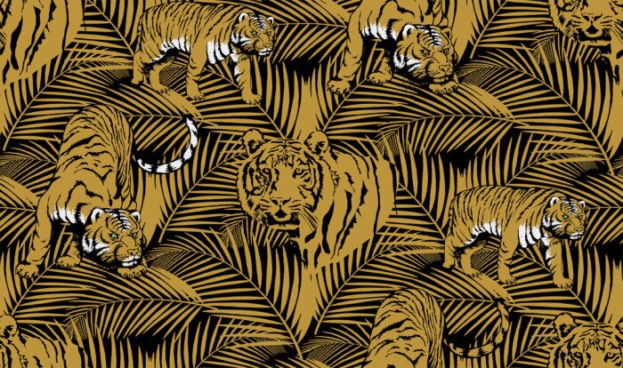 Behang Pattern of tropical animals and leaves. Symbol of summer holidays in faraway countries. Suitable for fabric, wrapping paper and the like. Vector illustration