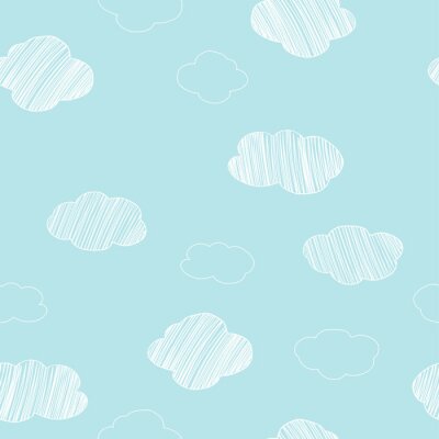 Behang Pattern with hand-drawn different clouds on a blue sky background.