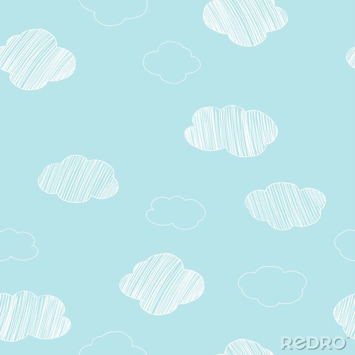 Behang Pattern with hand-drawn different clouds on a blue sky background.