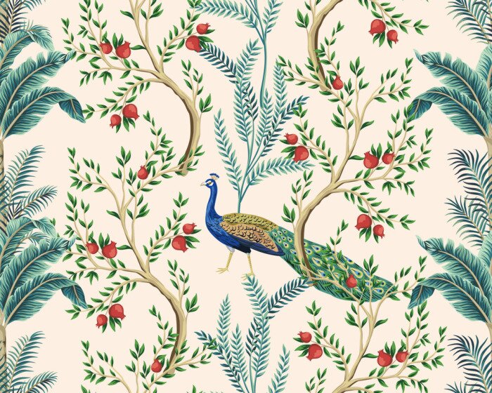 Behang Pauwen, granaatappels en palmbomen