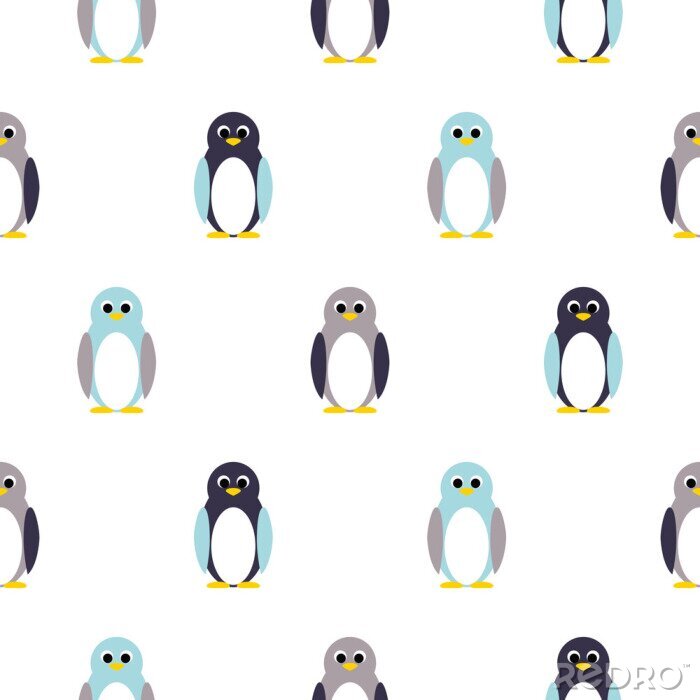 Behang Pinguïn blauw, paars op wit kind patroon. Babypinguïn toy vector naadloze patroon voor textiel print en kleding.