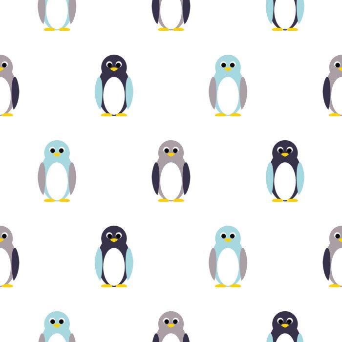 Behang Pinguïn blauw, paars op wit kind patroon. Babypinguïn toy vector naadloze patroon voor textiel print en kleding.