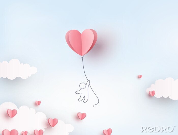 Behang Pink heart flying balloon with man on blue sky background. Vector love postcard for Happy Mother's, Valentine's Day or birthday greeting card design..