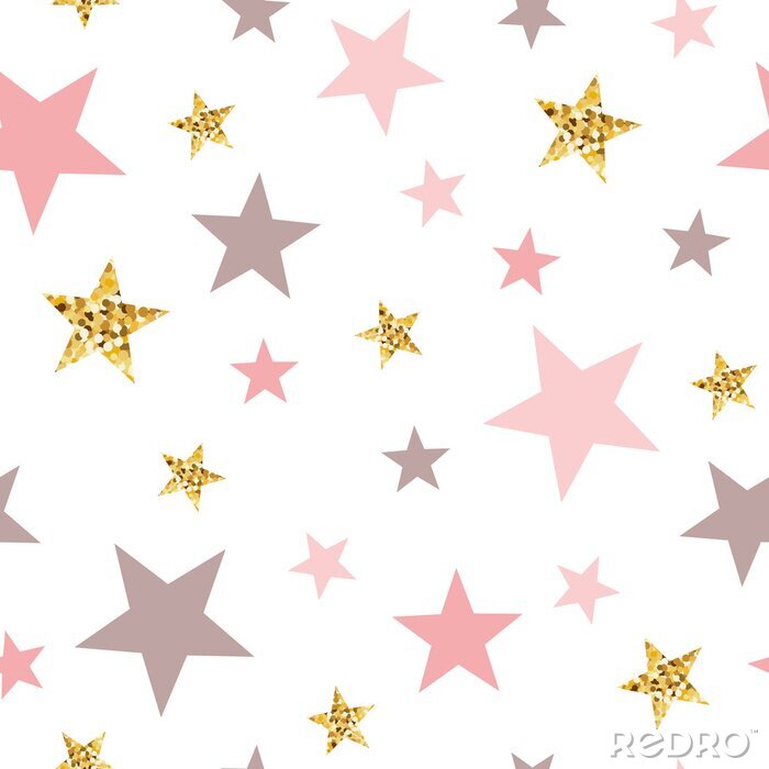 Behang Pink seamless pattern gold glitter stars pink for Christmas backgound or baby shower sweet girl design