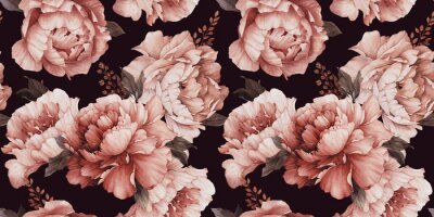 Behang Pioenbloemen op een zwarte achtergrond