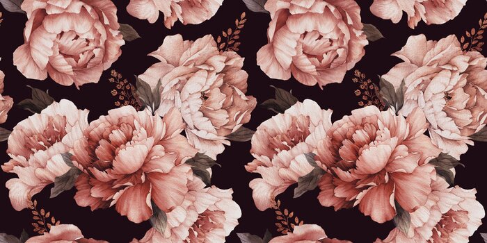 Behang Pioenbloemen op een zwarte achtergrond