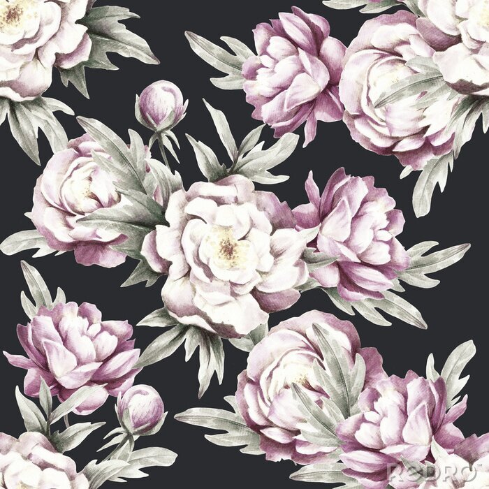 Behang Pioenen en bladeren op donkere achtergrond