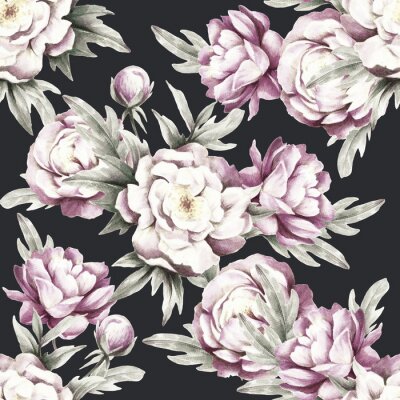 Behang Pioenen en bladeren op donkere achtergrond