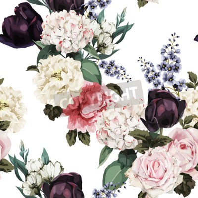 Behang Pioenen en hortensia's op een heldere achtergrond