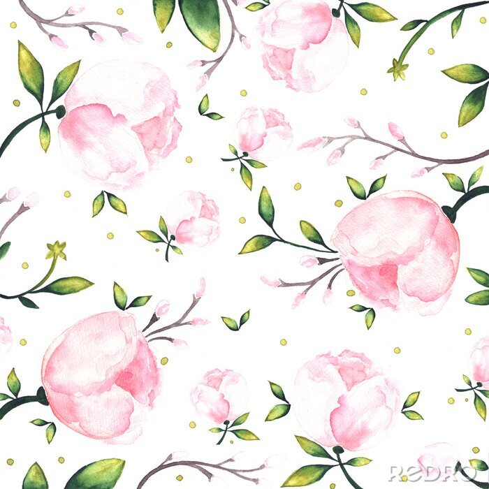 Behang Pioenen en kleine blaadjes