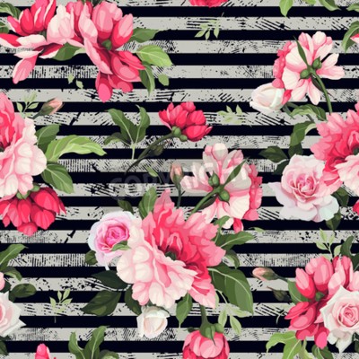 Behang Pioenen op gestreepte achtergrond