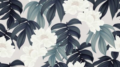 Behang Pioenen witte en exotische grafische bladeren