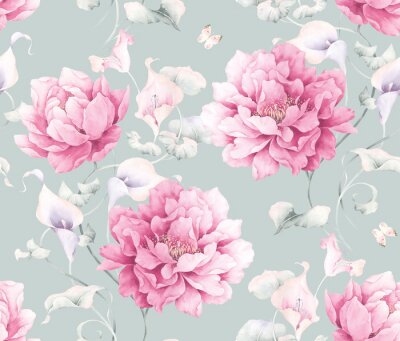 Behang Pioenrozen poederroze op een blauwe achtergrond