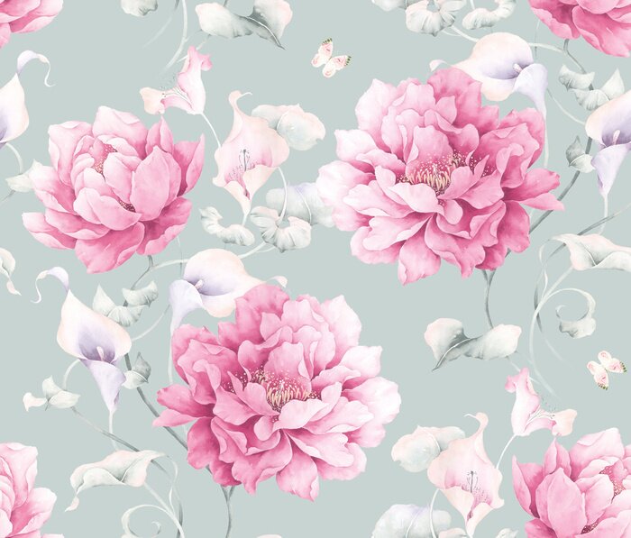Behang Pioenrozen poederroze op een blauwe achtergrond