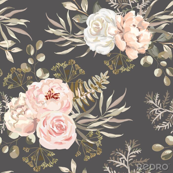 Behang Pioenrozen rozen en kruiden grijze achtergrond