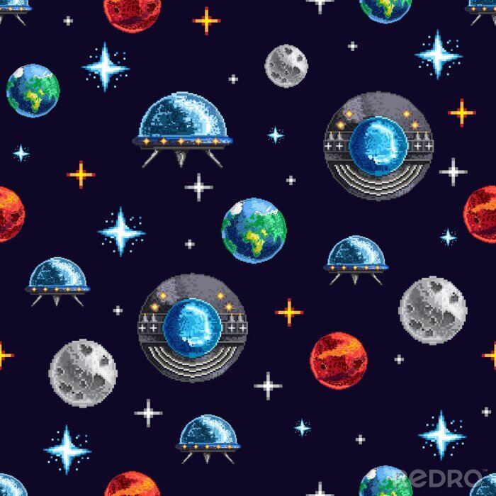 Behang Pixel design of seamless background with colorful planets and spacecraft