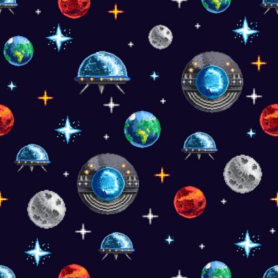 Behang Pixel design of seamless background with colorful planets and spacecraft